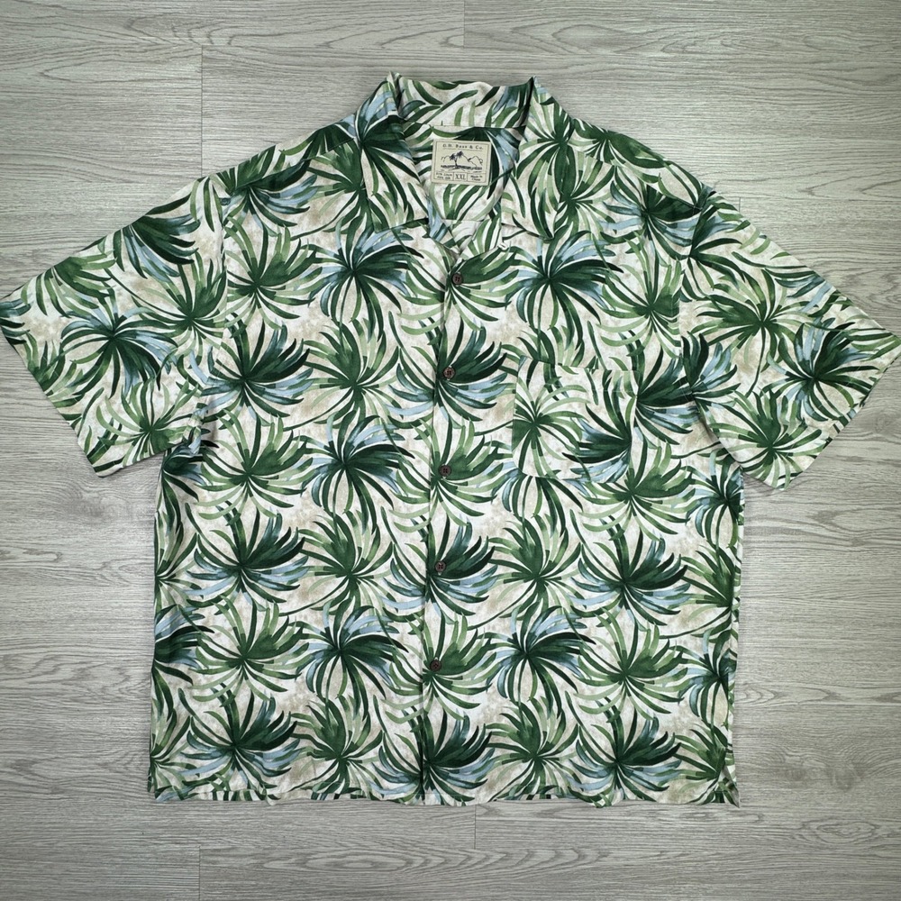 GH Bass Men's Shirt Tropical‎ Palm Leaf Print Green XXL Linen Silk Button Down
